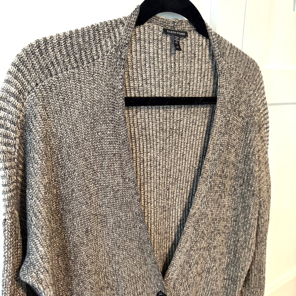 Eileen Fisher Women's Black and Cream Grandpa Cardigan Sweater in Size L - Picture 5 of 11